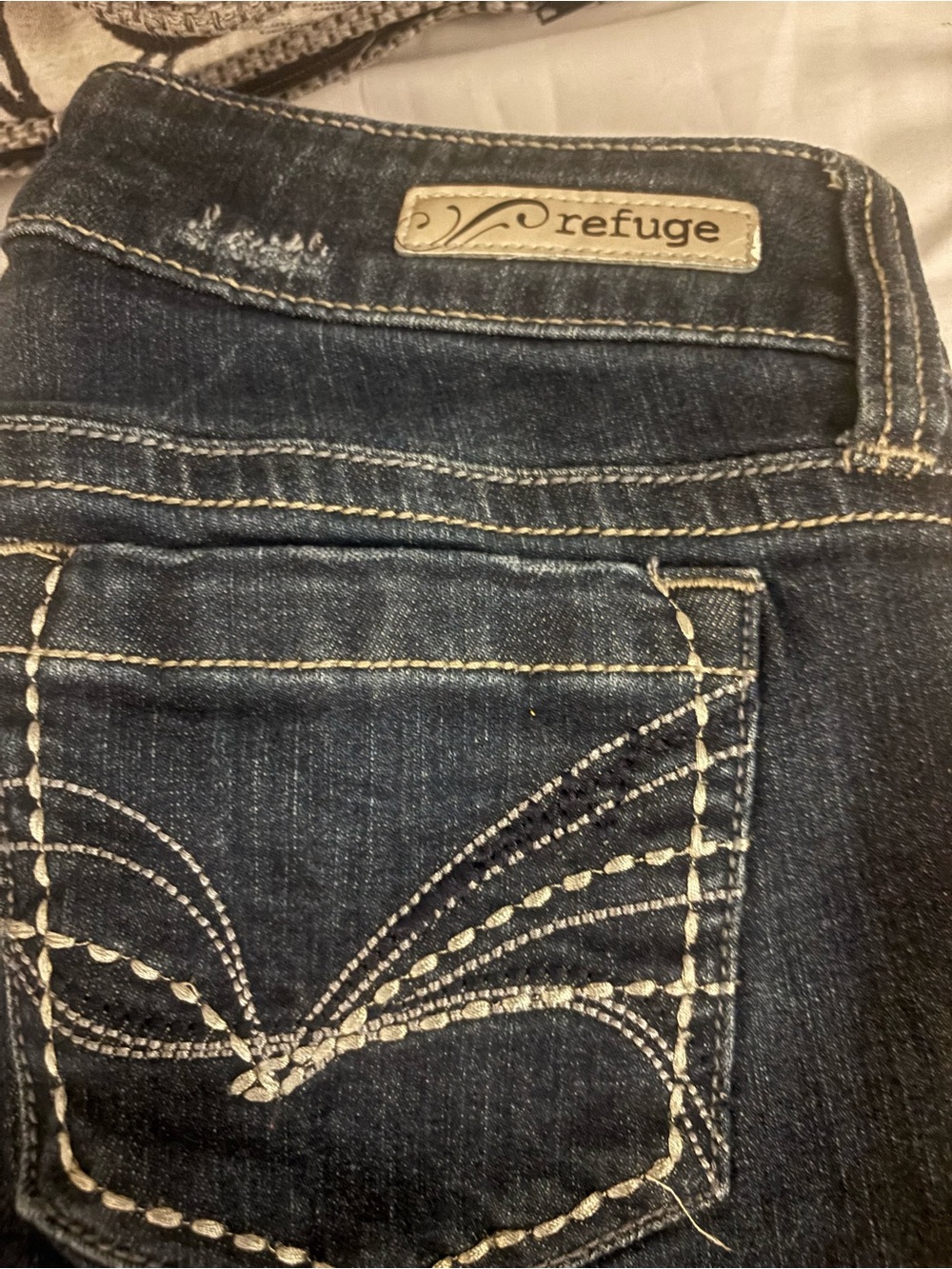refuge Dark Blue Denim Flare Jeans with White Embroidery
